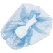 A blue nylon hairnet cap in a mesh bag on a white background.