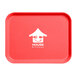 A rose red Cambro tray with a house logo and silverware.