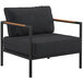 A black chair with wooden arm rests and legs.