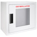 A white box with the word "defibrillator" in a clear window.