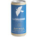A blue and white can of La Colombe Oatmilk Vanilla Latte with a white dove.