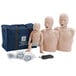 A Prestan CPR manikin with an infant CPR dummy next to a blue bag.