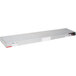 A white rectangular strip warmer with red labels and a metal shelf with red lights.