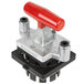 A red and black plastic Vollrath Wedge T-Pack valve with a red handle.