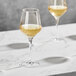 Two Della Luce Astro white wine glasses on a marble table containing yellow liquid.