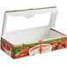 A windowed chocolate covered strawberry box with a picture of strawberries and chocolate sauce.