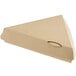 A close up of a Sabert cardboard triangular pizza slice box.
