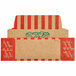 A red and white striped box with a brown and red envelope with a green logo on it.