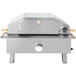 A stainless steel Omcan propane pizza oven with foldable legs.