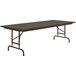 A Correll rectangular folding table with a walnut top and brown metal legs.