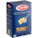A blue box of Barilla Mezzi Rigatoni pasta with a picture of pasta on it.