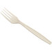 A Visions beige plastic fork with a white handle.