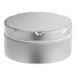 A silver metal round tin with a notched white lid.