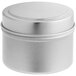A round silver deep tin with a slip cover.