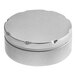 A round silver metal tin with a notched lid.