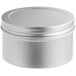 A round silver metal tin with a screw top lid.