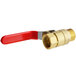 A brass Backyard Pro oil drain valve with a red handle and gold nut.