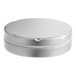 A round silver metal tin with a notched lid.