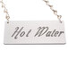 A silver chain sign that says "Hot Water" for a Cal-Mil urn.