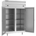 A Beverage-Air stainless steel cabinet with white doors and a silver handle.