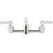 An Advance Tabco chrome wall mount faucet with 14" swing spout and lever handles.