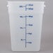 A translucent Cambro polypropylene food storage container with blue measurements.