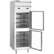 A Beverage-Air stainless steel dual temperature refrigerator with half glass doors open.