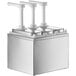 A silver stainless steel square condiment dispenser with white pumps.
