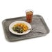 A Pearl Gray Cambro Non-Skid Versa Camtray with food and a drink on a table.