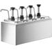 A ServSense stainless steel condiment dispenser machine with four metal containers and pumps.