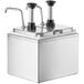 A ServSense stainless steel double condiment dispenser on a counter with two stainless steel pumps.