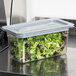 A plastic Cambro food pan lid with lettuce in it.