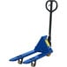 A blue Wesco hand pallet truck with wheels and a handle.