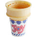 A JOY flat bottom ice cream cone in a cup.