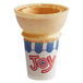 A JOY flat bottom ice cream cone in a cup.