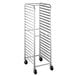 A Steelton unassembled metal rack with wheels for 20 pans.