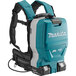 A blue and black Makita backpack vacuum with two black and blue batteries.