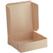 A 10" x 10" x 3" kraft cardboard bakery box with an open lid.