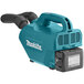 A blue and black Makita handheld canister vacuum with a black battery.