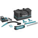 The Makita handheld canister vacuum with a black bag and blue trim.