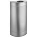 A silver stainless steel half round waste receptacle with a perforated design.