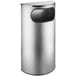 A silver stainless steel half round decorative trash can with a side opening.