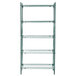 A green Metroseal 3 wire shelving unit with four shelves.