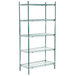 A green Metro 2 Series wire shelving unit with four shelves.