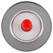 A silver can with a red and silver circular object on top with a red cap.