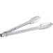 Two Choice stainless steel utility tongs with white handles.