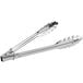 Choice stainless steel utility tongs with white handles.
