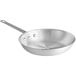 A Choice aluminum frying pan with a long handle.