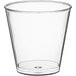 A clear plastic Choice shot glass with a small bottom.