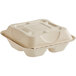 A white World Centric 3-compartment compostable fiber clamshell container with a lid.